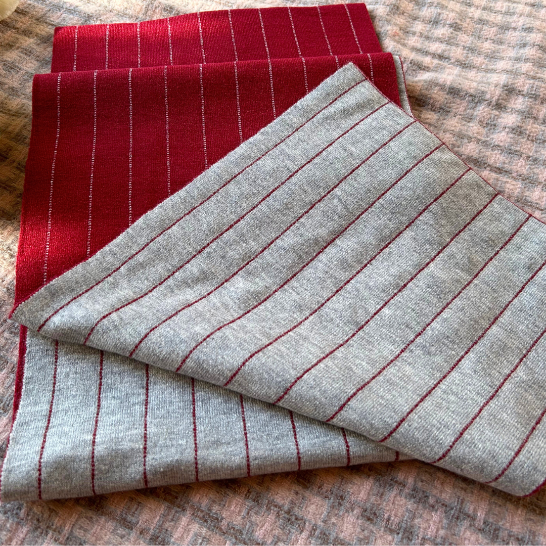 Red and Grey Double-Sided Striped Scarf