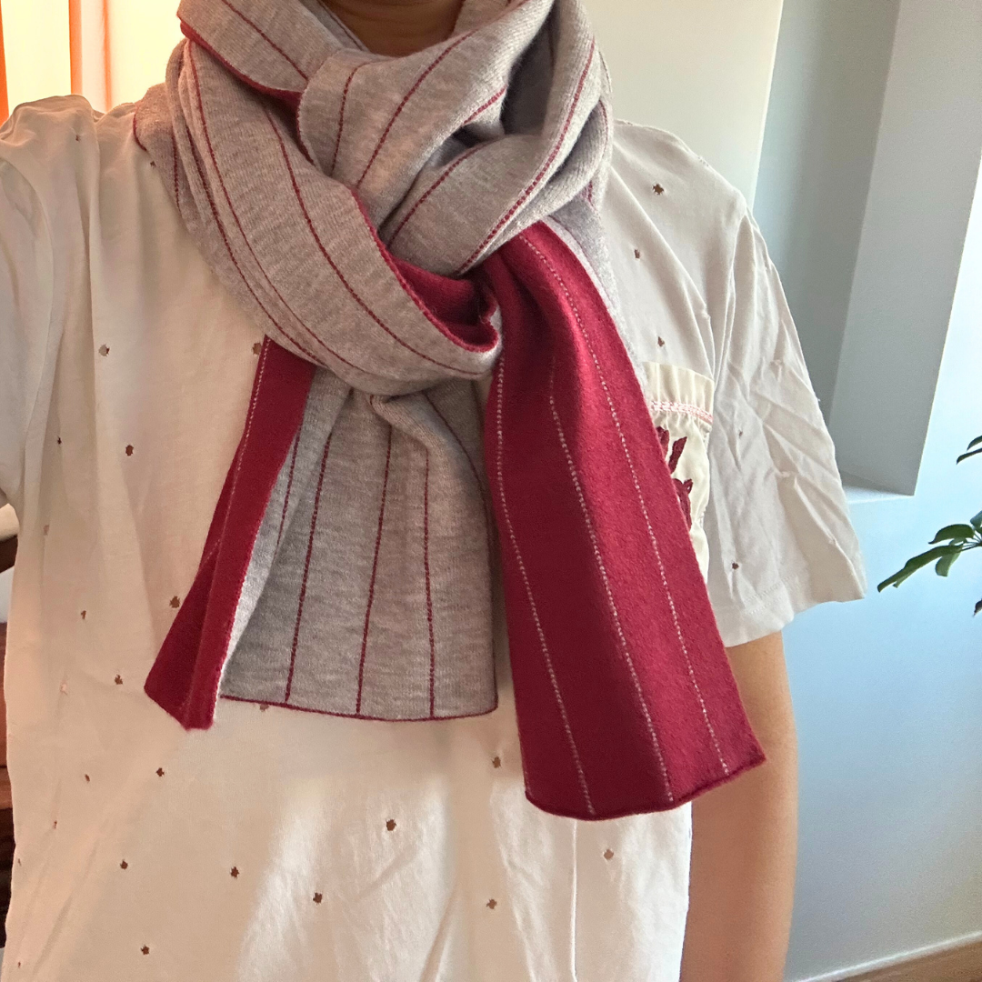 Red and Grey Double-Sided Striped Scarf