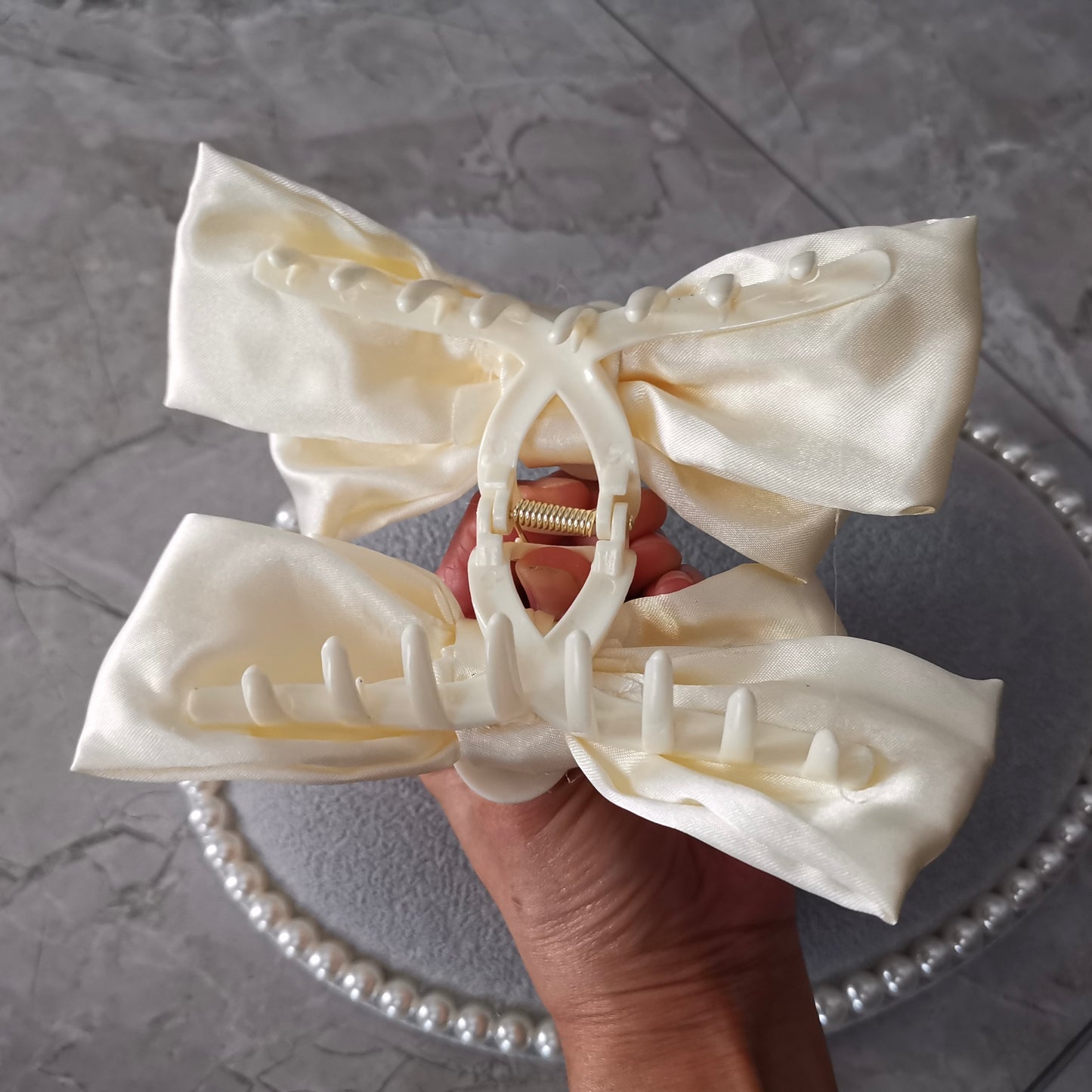 Extra Large Satin Knotted Ponytail Bow French Barrette Claw Clip